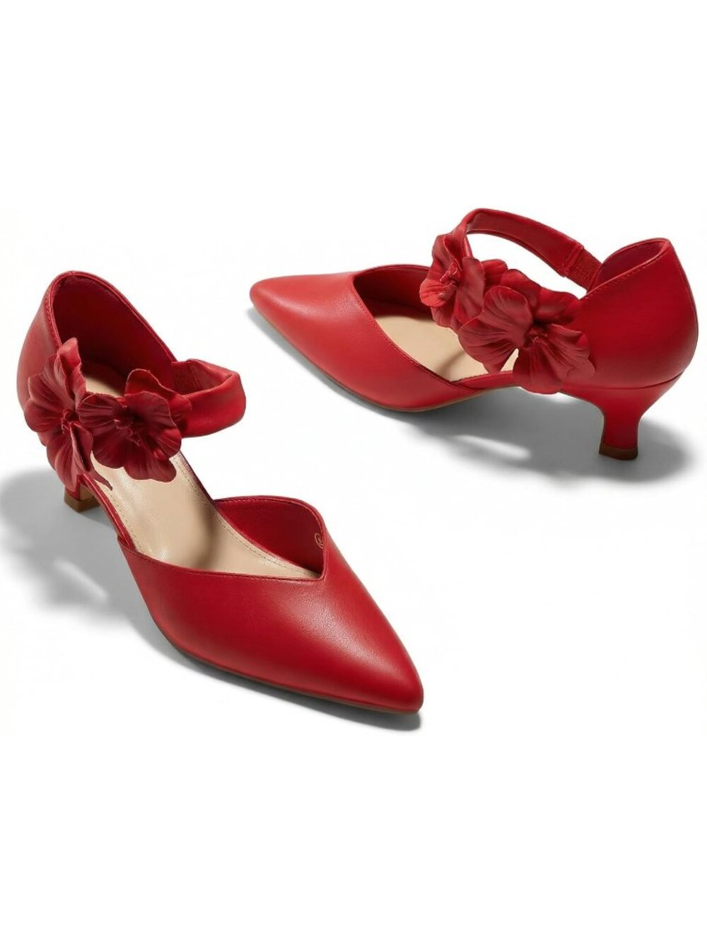 〽️Women's Red Low Kitten Heels Pointed Toe Slip On Pumps Ankle Strap Shoes
